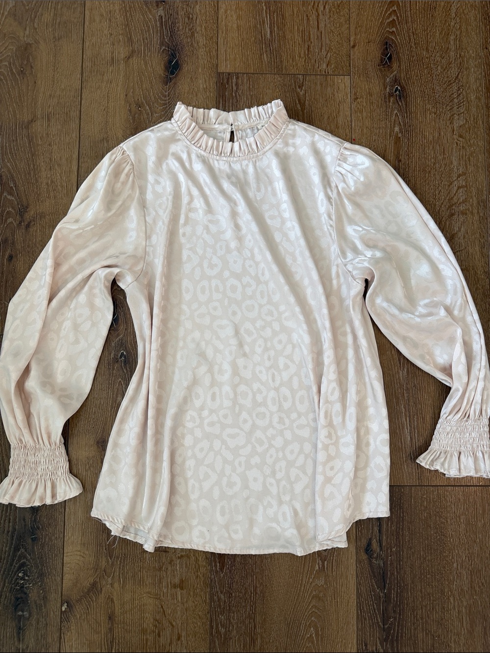 JODIFL Light Cream Leopard-Print Ruffle Neck Blouse
